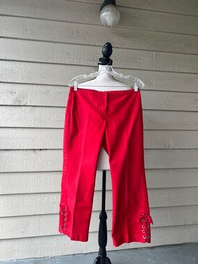 Y2K Express Red Stretch Capri Pants with Lace-Up Hem Detail